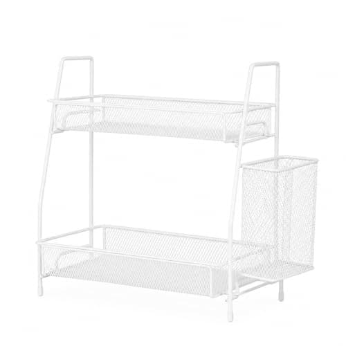 Organizador Multiuso Aramado Branco com 2 Andares e Cesto Lateral – Prateleira de Bancada para Banheiro, Cozinha e Cosméticos — imagem 2