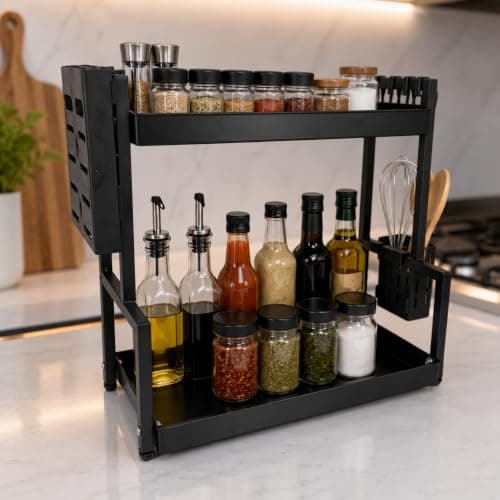 Organizador Multiuso de Metal Preto com 2 Andares – Prateleira de Bancada para Cozinha, Banheiro, Cosméticos e Produtos de Higiene — imagem 5