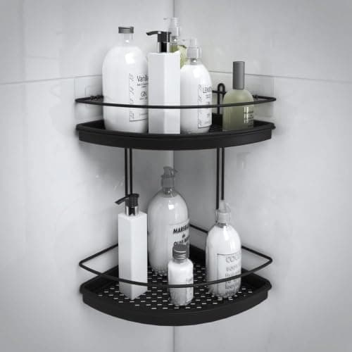 Porta Shampoo de Canto para Banheiro 2 Andares Preto com Kit de Fixação – Organizador de Banheiro sem Furos, Suporte para Shampoo, Sabonete e Cosméticos, Aço Cromado com Bandejas Pretas Removíveis — imagem 5