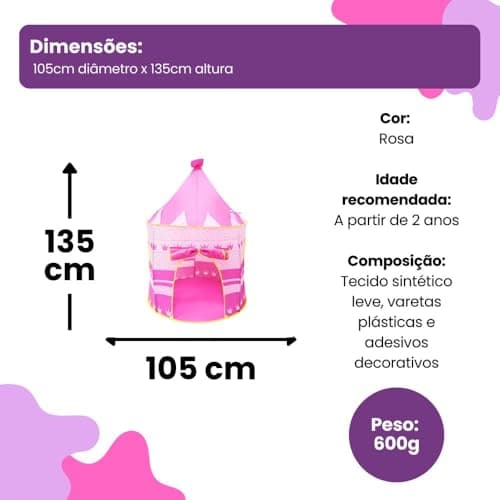 Barraca Infantil Castelinho Rosa 135 cm com Tenda de Princesa – Cabana Portátil para Brincadeiras- Meninas Faz de Conta Princesa - Mundo Mágico — imagem 5