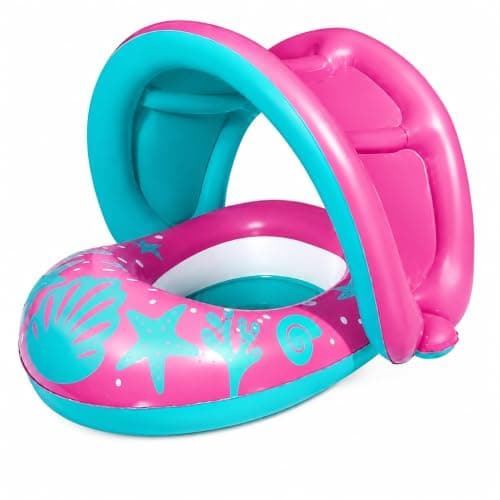 Bote Infantil Piscina Rosa com Cobertura Protetora | Boia Inflável para Bebê e Criança Pequena | Assento Seguro para Água, Praia e Piscina — imagem 2