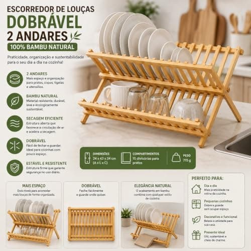 Escorredor de Louças Dobrável em Bambu Natural 2 Andares para Pratos, Copos e Tigelas | Organizador de Pia Compacto, Secagem Rápida, Resistente e Sustentável — imagem 7