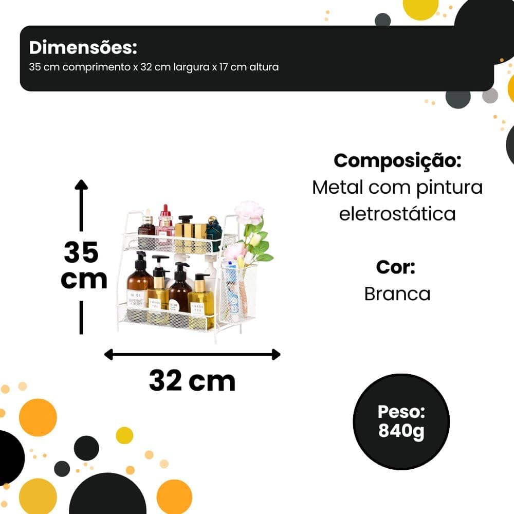 Organizador Multiuso Aramado Branco com 2 Andares e Cesto Lateral – Prateleira de Bancada para Banheiro, Cozinha e Cosméticos — imagem 5