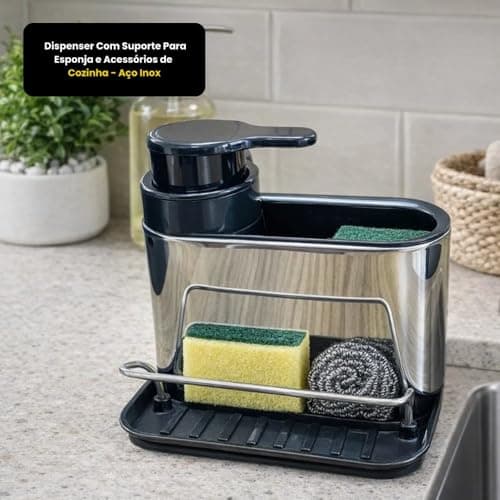 Dispenser de Detergente em Aço Inox com Porta-Esponja e Bandeja – Organizador de Pia para Detergente e Acessórios de Cozinha — imagem 6