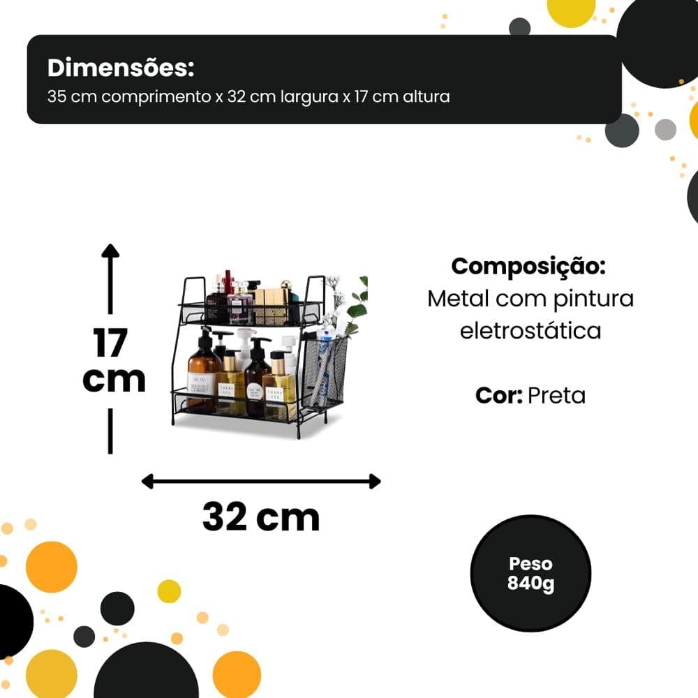 Organizador Multiuso Aramado Preto com 2 Andares e Cesto Lateral – Prateleira para Banheiro, Cozinha e Bancada — imagem 5