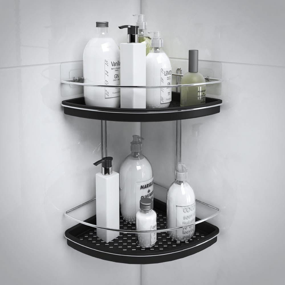 Porta Shampoo de Canto para Banheiro 2 Andares com Kit de Fixação – Organizador de Banheiro sem Furos, Suporte para Shampoo, Sabonete e Cosméticos, Aço Cromado com Bandejas Removíveis — imagem 4