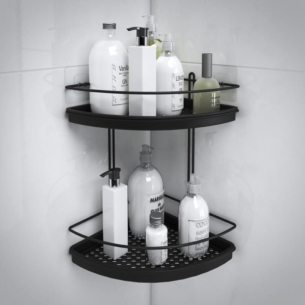 Porta Shampoo de Canto para Banheiro 2 Andares Preto com Kit de Fixação – Organizador de Banheiro sem Furos, Suporte para Shampoo, Sabonete e Cosméticos, Aço Cromado com Bandejas Pretas Removíveis — imagem 4