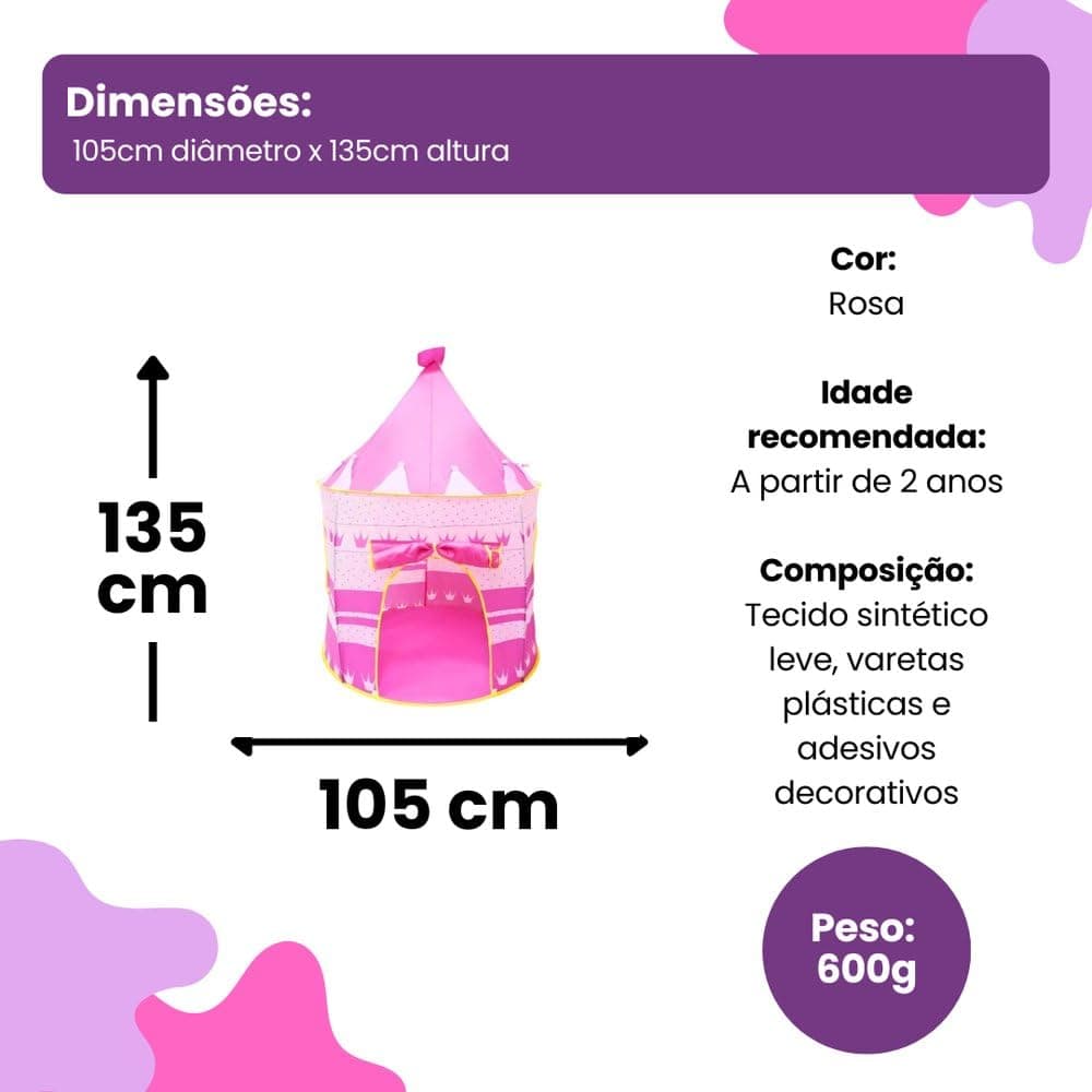 Barraca Infantil Castelinho Rosa 135 cm com Tenda de Princesa – Cabana Portátil para Brincadeiras- Meninas Faz de Conta Princesa - Mundo Mágico — imagem 4