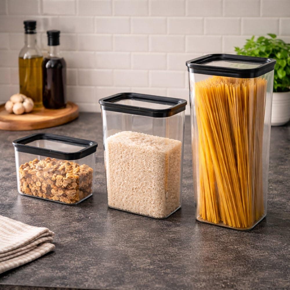 Kit 3 Potes Herméticos Transparentes com Tampa Preta – Organizadores para Mantimentos, Cozinha e Despensa em Tamanhos Variados — imagem 4
