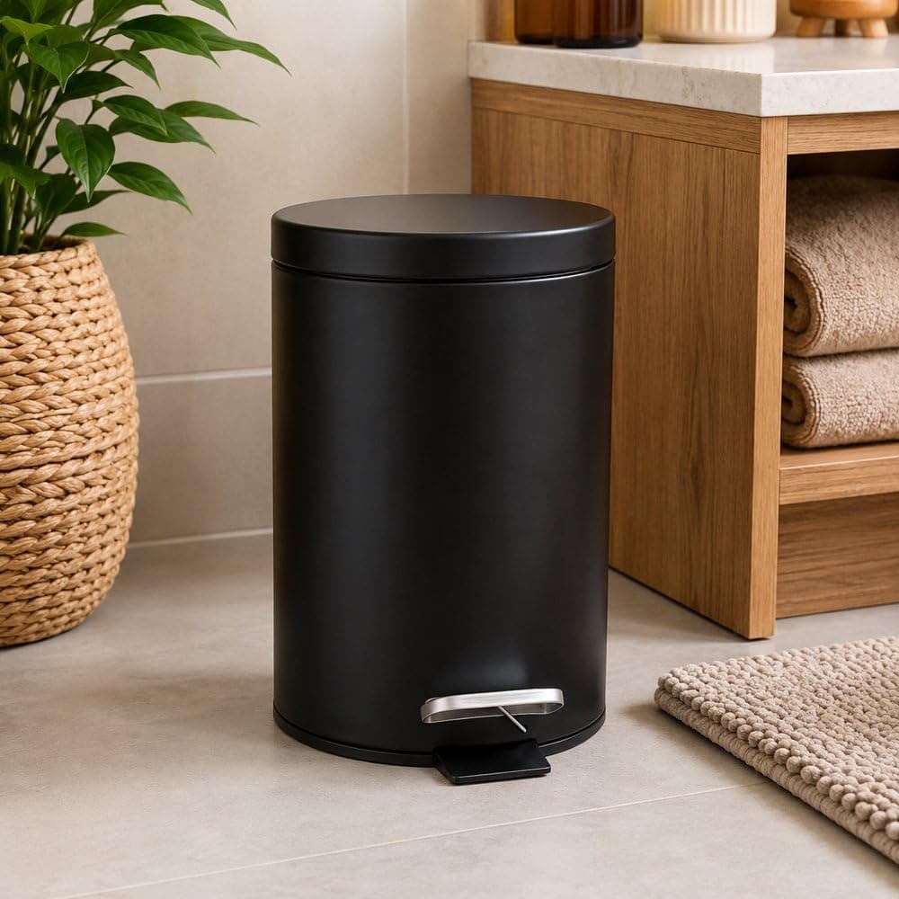 Lixeira 3L com Pedal Redonda Preta Fosca para Banheiro, Cozinha, Escritório e Lavanderia – Design Moderno, Tampa com Fechamento Suave e Fácil Limpeza — imagem 4