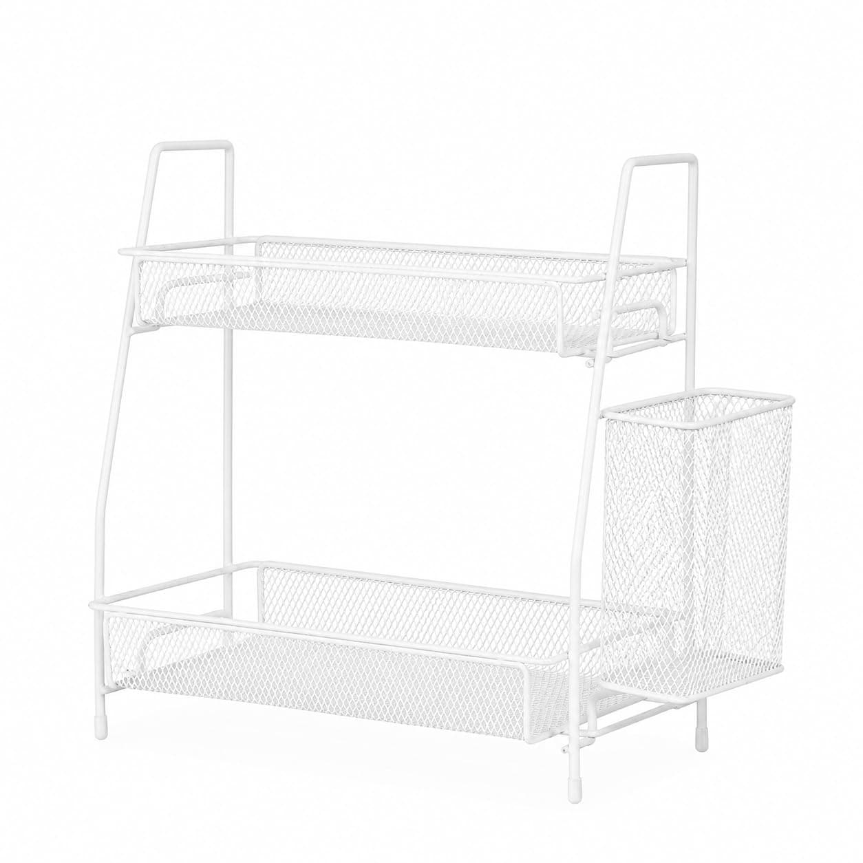 Organizador Multiuso Aramado Branco com 2 Andares e Cesto Lateral – Prateleira de Bancada para Banheiro, Cozinha e Cosméticos — imagem 3