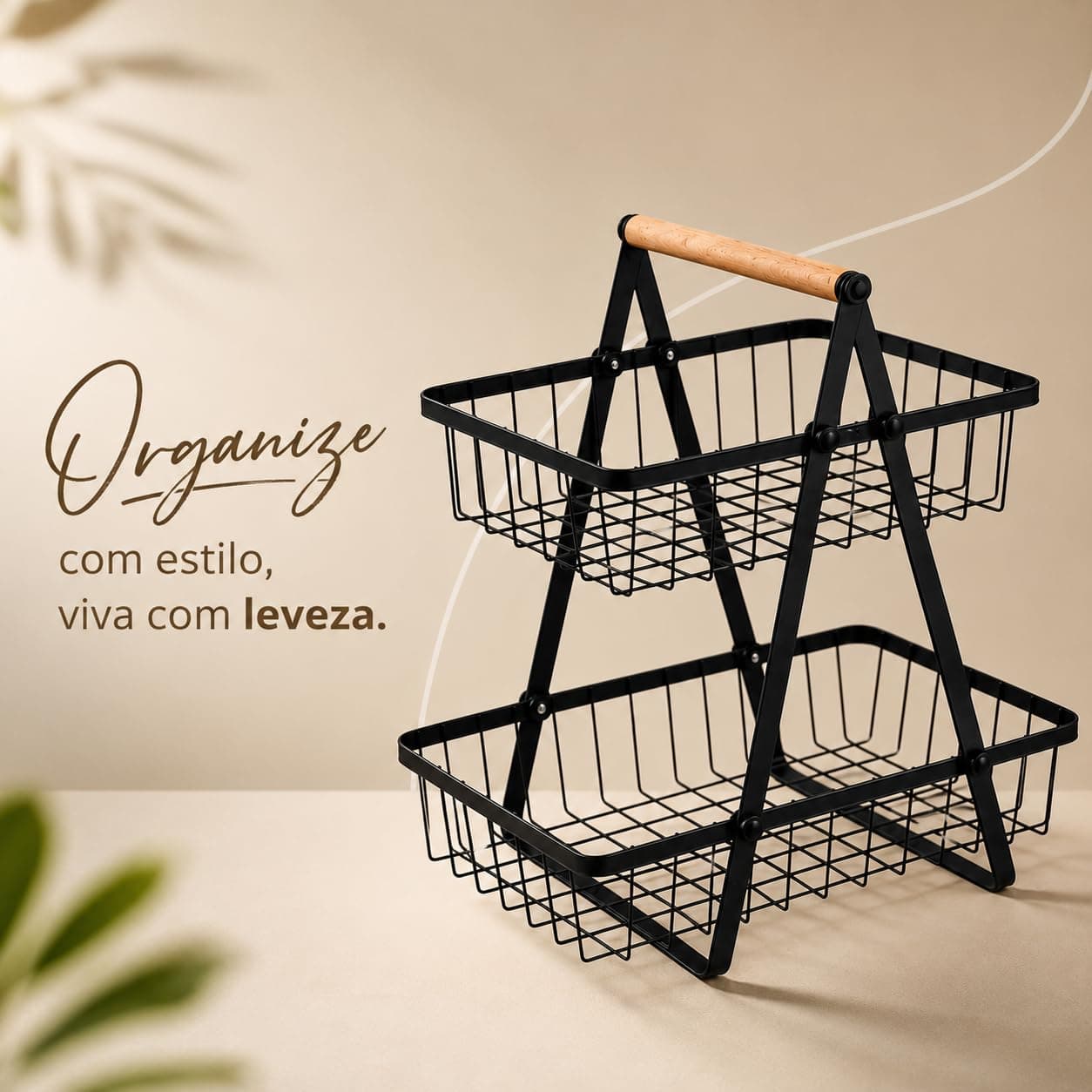 Fruteira de Bancada 2 Andares em Metal, Cesto Organizador Multifuncional com Alça de Madeira, Porta Frutas, Legumes, Pães e Utensílios para Cozinha — imagem 4