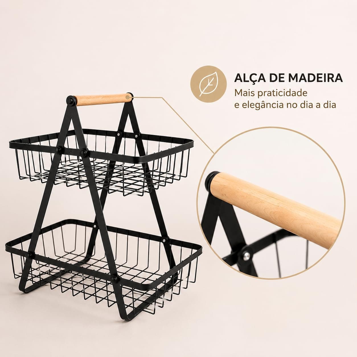 Fruteira de Bancada 2 Andares em Metal, Cesto Organizador Multifuncional com Alça de Madeira, Porta Frutas, Legumes, Pães e Utensílios para Cozinha — imagem 5