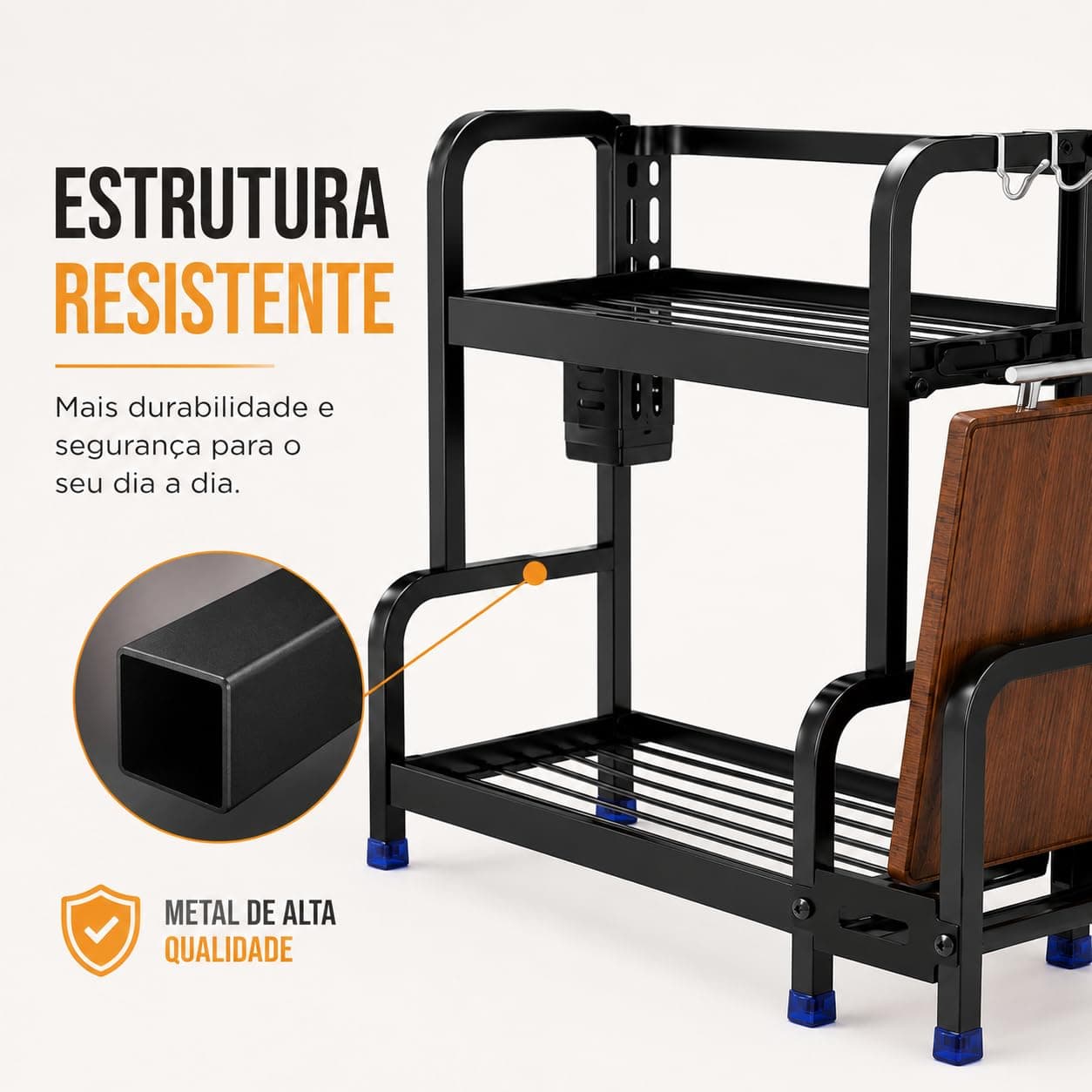 Organizador de Cozinha Multifuncional para Bancada, Prateleira 2 Andares com Porta Facas, Porta Tábua de Corte, Ganchos e Suporte para Temperos e Utensílios — imagem 6