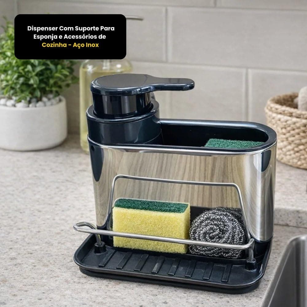 Dispenser de Detergente em Aço Inox com Porta-Esponja e Bandeja – Organizador de Pia para Detergente e Acessórios de Cozinha — imagem 4