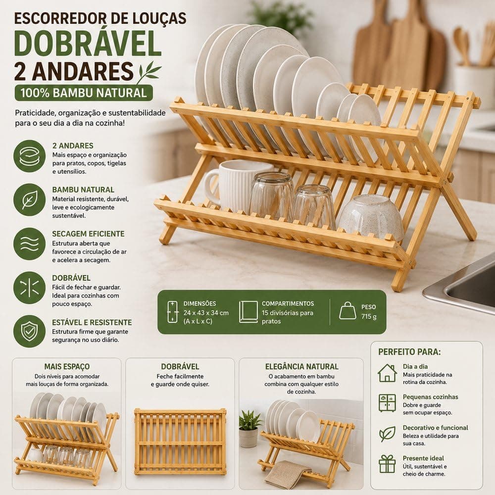 Escorredor de Louças Dobrável em Bambu Natural 2 Andares para Pratos, Copos e Tigelas | Organizador de Pia Compacto, Secagem Rápida, Resistente e Sustentável — imagem 5