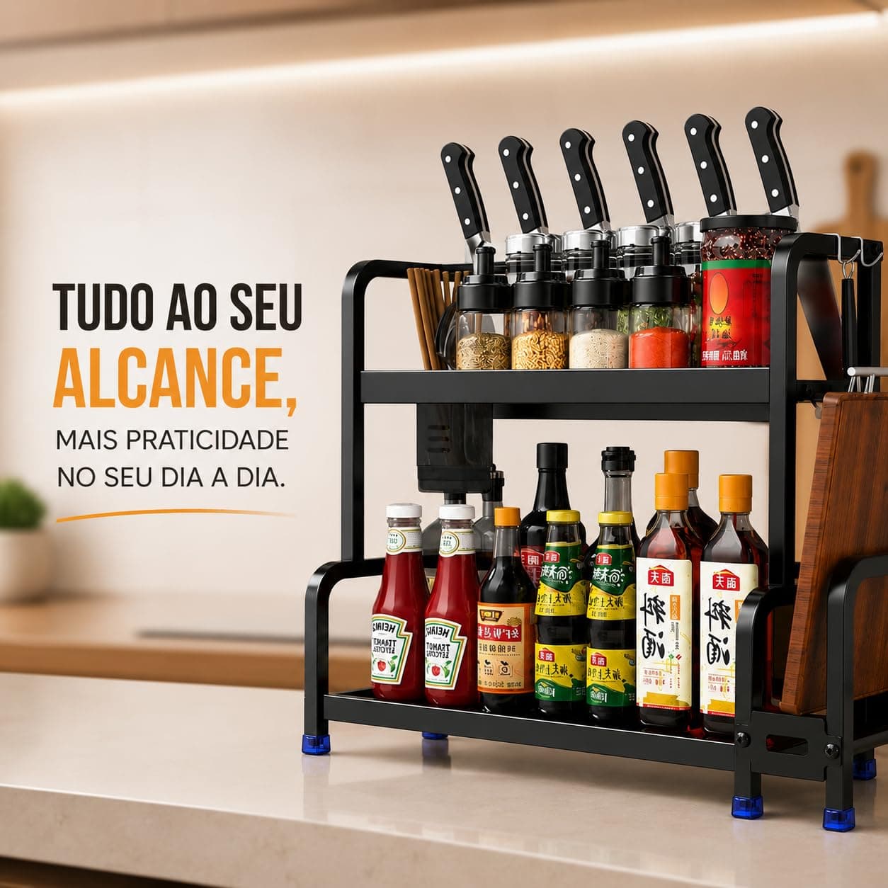 Organizador de Cozinha Multifuncional para Bancada, Prateleira 2 Andares com Porta Facas, Porta Tábua de Corte, Ganchos e Suporte para Temperos e Utensílios — imagem 8