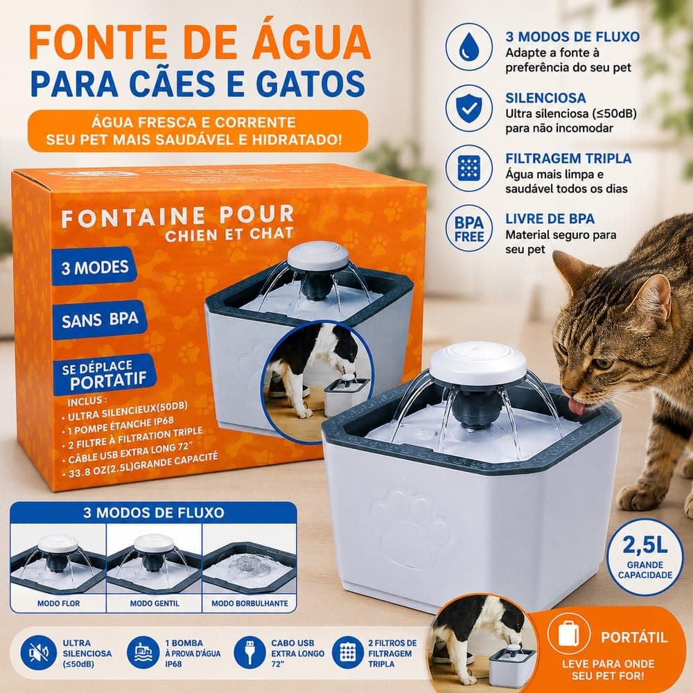 Fonte Bebedouro para Cães e Gatos 20 cm com 3 Modos de Fluxo – Bebedouro de Água para Pets Branco e Cinza — imagem 4