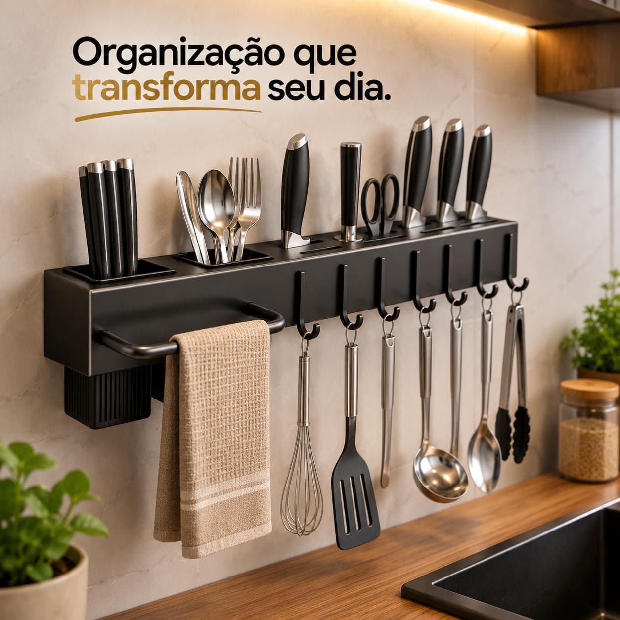 Suporte Organizador de Cozinha Cinza com 6 Ganchos, Porta-Utensílios e Compartimentos – Organizador de Parede para Facas, Talheres e Acessórios — imagem 4