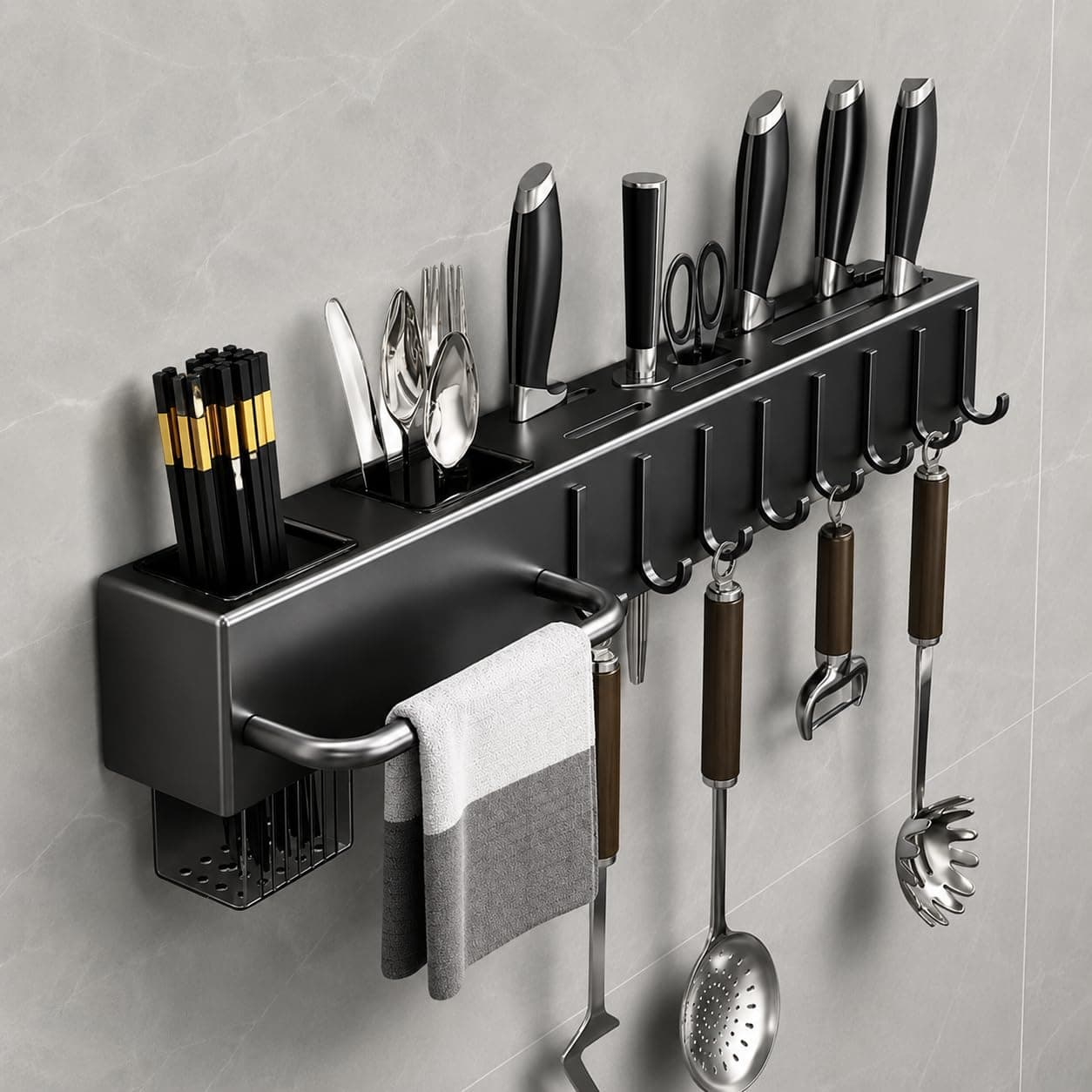 Suporte Organizador de Cozinha Cinza com 6 Ganchos, Porta-Utensílios e Compartimentos – Organizador de Parede para Facas, Talheres e Acessórios — imagem 7