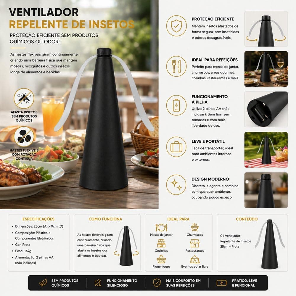 Ventilador Repelente de Mosquitos e Moscas para Mesa – Repelidor de Insetos com Pás Flexíveis Refletivas, Silencioso, Ideal para Churrasco, Cozinha, Área Gourmet, Restaurante e Camping — imagem 6
