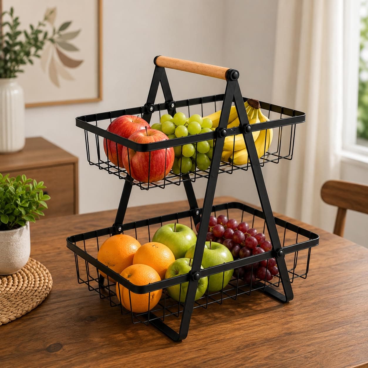 Fruteira de Bancada 2 Andares em Metal, Cesto Organizador Multifuncional com Alça de Madeira, Porta Frutas, Legumes, Pães e Utensílios para Cozinha — imagem 6