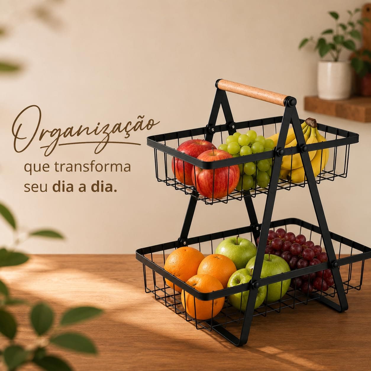Fruteira de Bancada 2 Andares em Metal, Cesto Organizador Multifuncional com Alça de Madeira, Porta Frutas, Legumes, Pães e Utensílios para Cozinha — imagem 7