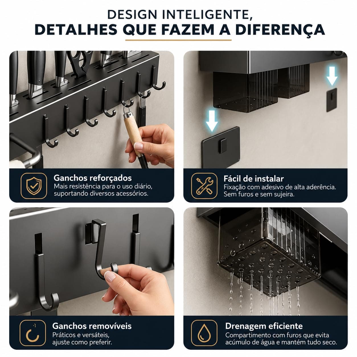 Suporte Organizador de Cozinha Cinza com 6 Ganchos, Porta-Utensílios e Compartimentos – Organizador de Parede para Facas, Talheres e Acessórios — imagem 6