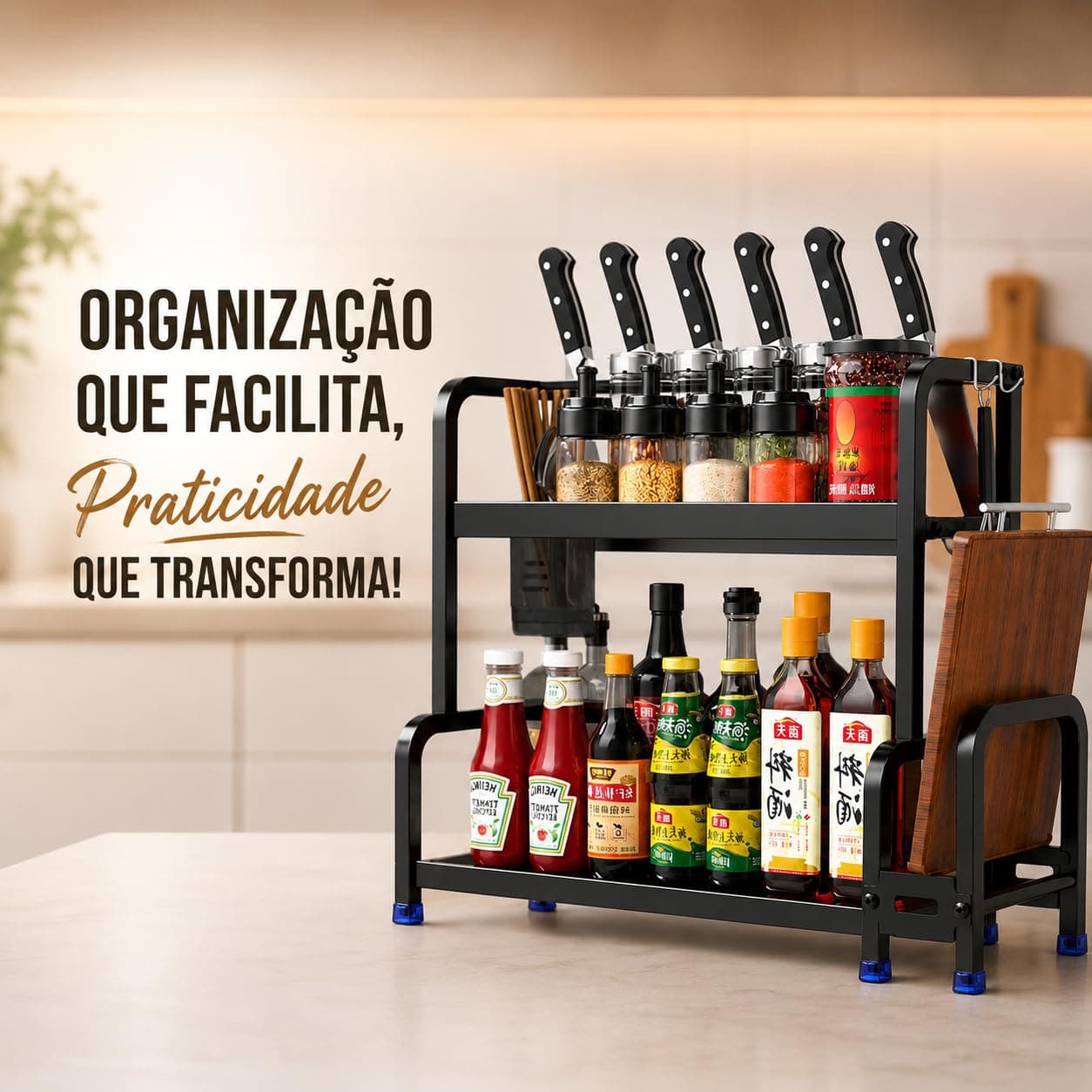 Organizador de Cozinha Multifuncional para Bancada, Prateleira 2 Andares com Porta Facas, Porta Tábua de Corte, Ganchos e Suporte para Temperos e Utensílios — imagem 5