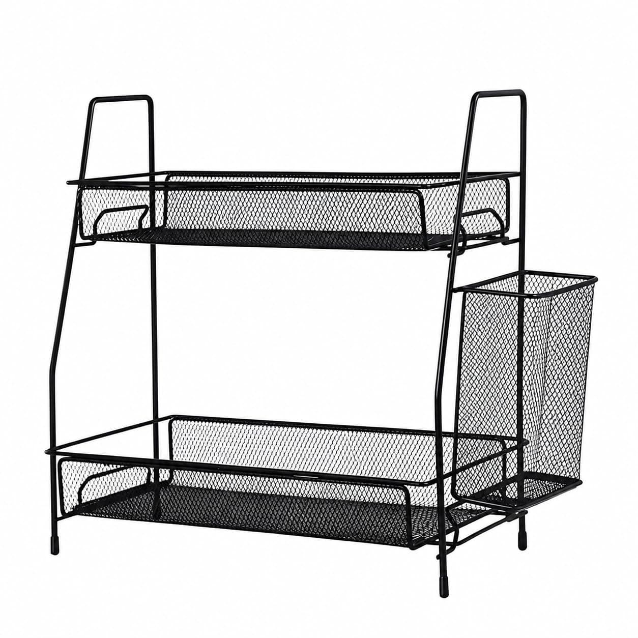 Organizador Multiuso Aramado Preto com 2 Andares e Cesto Lateral – Prateleira para Banheiro, Cozinha e Bancada — imagem 3