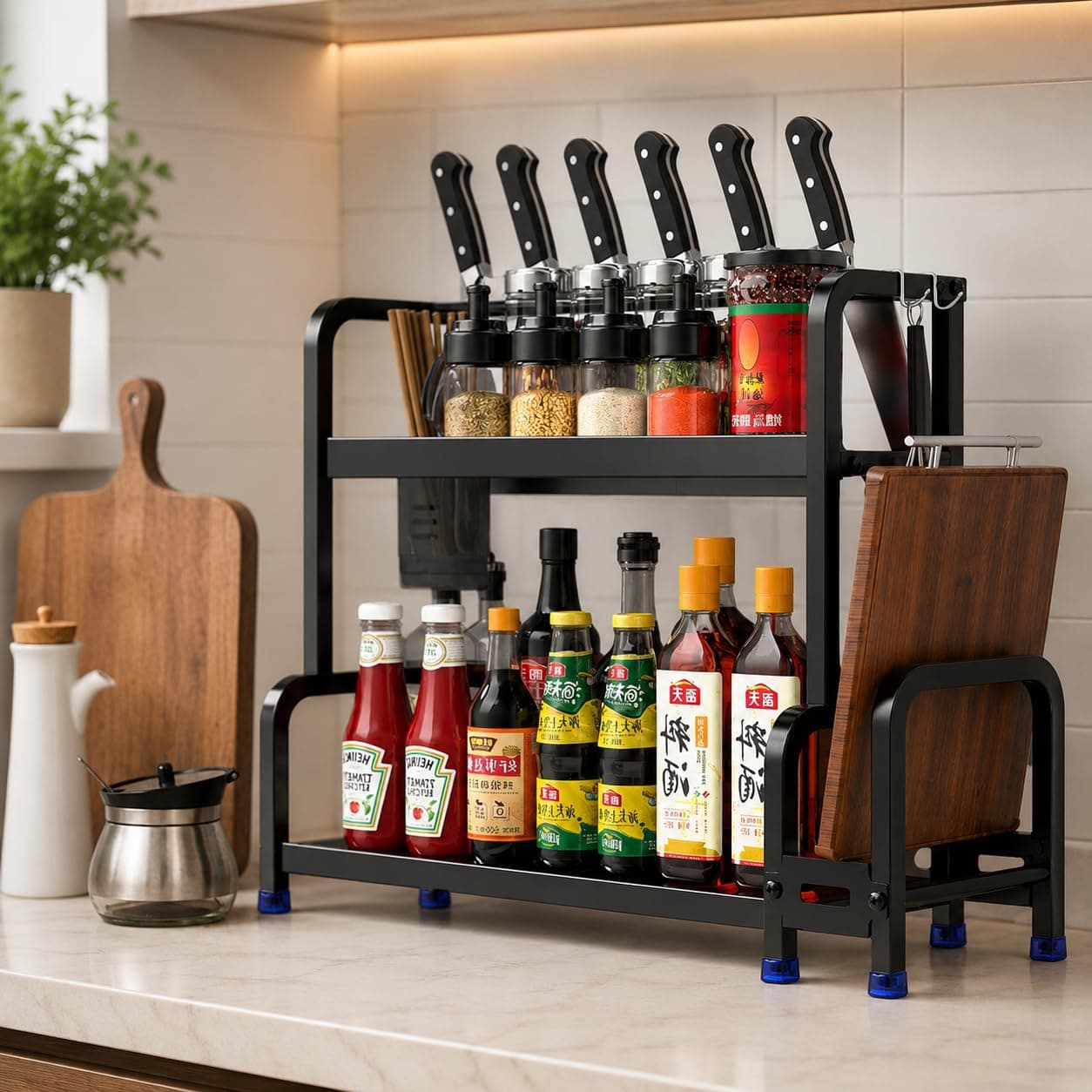 Organizador de Cozinha Multifuncional para Bancada, Prateleira 2 Andares com Porta Facas, Porta Tábua de Corte, Ganchos e Suporte para Temperos e Utensílios — imagem 4