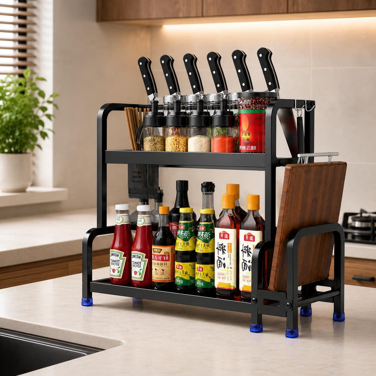 Organizador de Cozinha Multifuncional para Bancada, Prateleira 2 Andares com Porta Facas, Porta Tábua de Corte, Ganchos e Suporte para Temperos e Utensílios — imagem 7