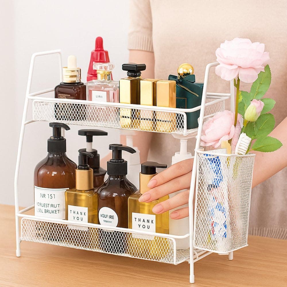 Organizador Multiuso Aramado Branco com 2 Andares e Cesto Lateral – Prateleira de Bancada para Banheiro, Cozinha e Cosméticos — imagem 4
